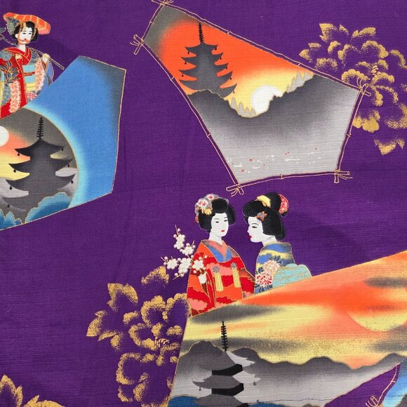 Japanese Kimono Robe Raw Silk Geisha Landscape Print Purple Open Front Belt Vtg - Picture 8 of 10